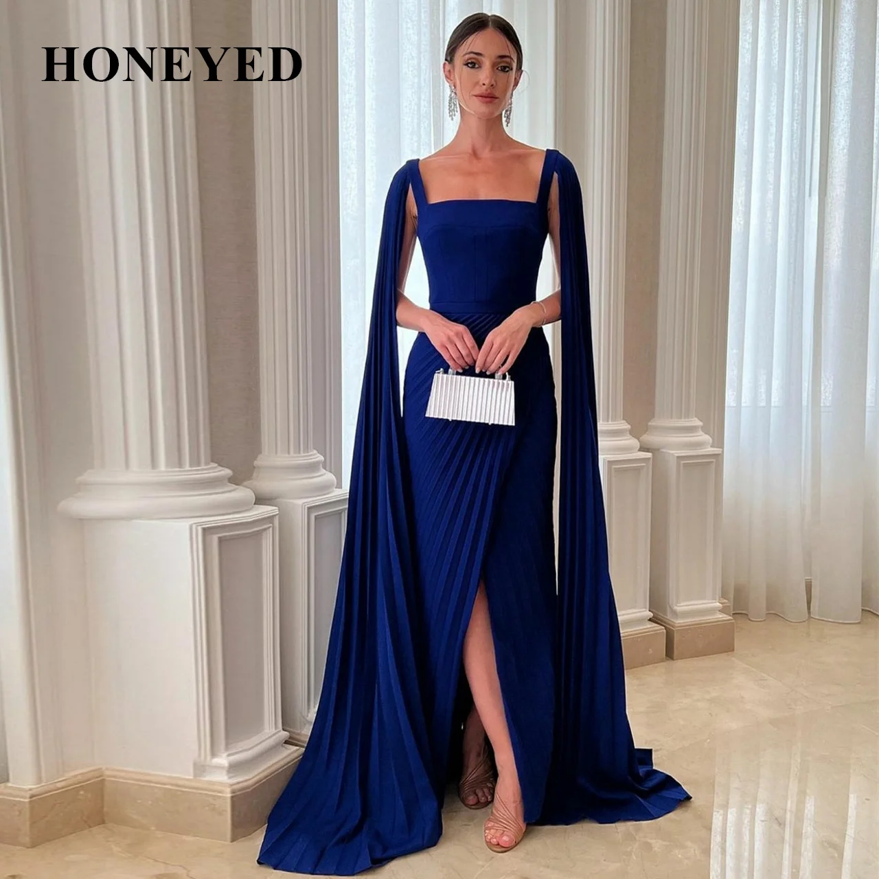 

Honeyed2023 Long Royal Blue Crepe Evening Dresses With Slit فساتين السهرة Sheath Pleated Floor Length Prom Dress Cape for Women