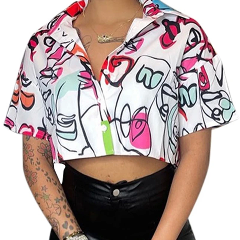 

Укороченный топ с V-образным вырезом и принтом, женская летняя повседневная рубашка, базовые сексуальные уличные Топы