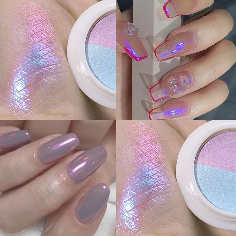 Двухцветные сплошные порошки для ногтей Аврора Прозрачные голографические
