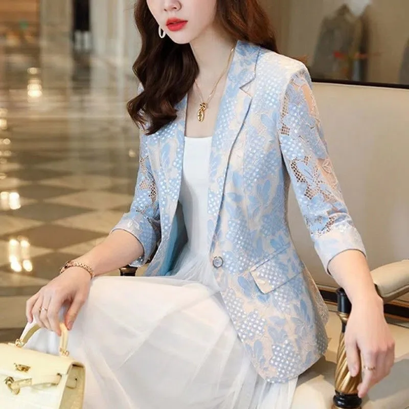 2023 New Lace Hollowed Out Women Suit Jacket Spring Summer Thin New Korean Fashion Temperament Slim Women Small Suit Jacket