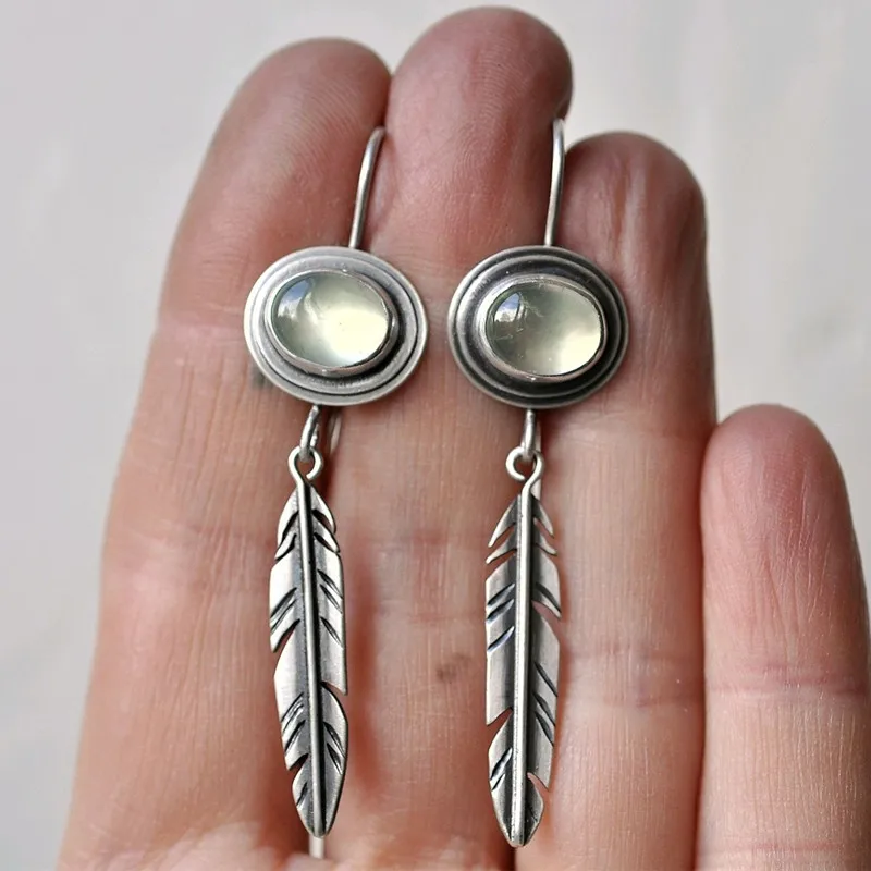 

Ethnic Long Metal Hand Inlaid Round Cut Moonstone Earrings Fashion Women Carved Feather Personality Drop Earrings