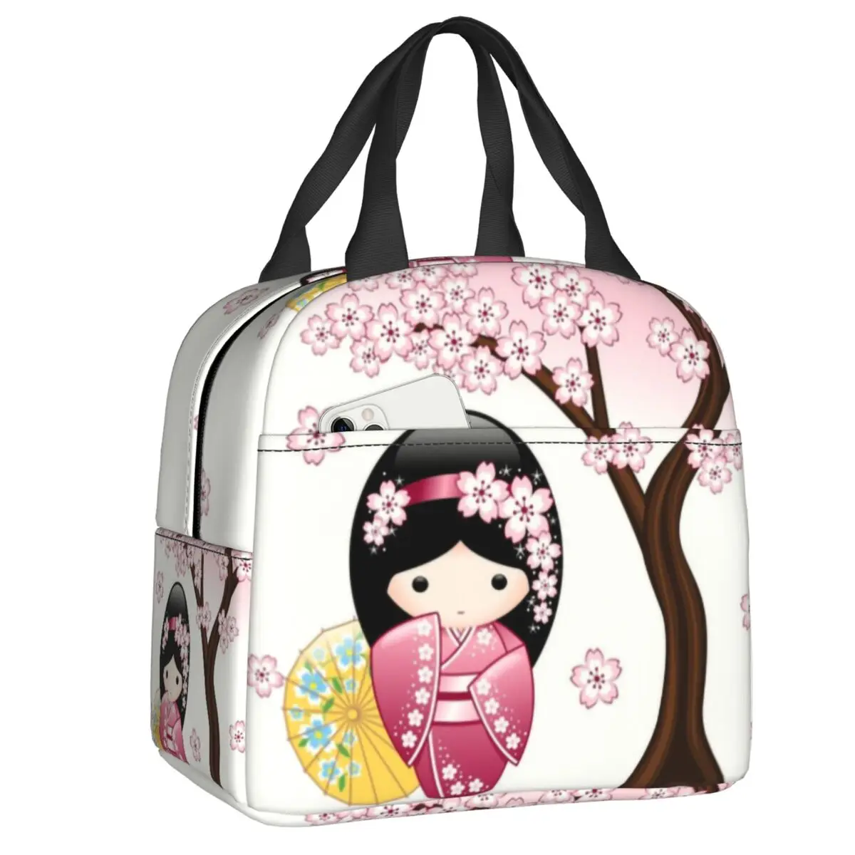 

Japanese Spring Kokeshi Doll Insulated Lunch Bag for Women Portable Cute Girly Sakura Cherry Blossom Cooler Thermal Lunch Tote