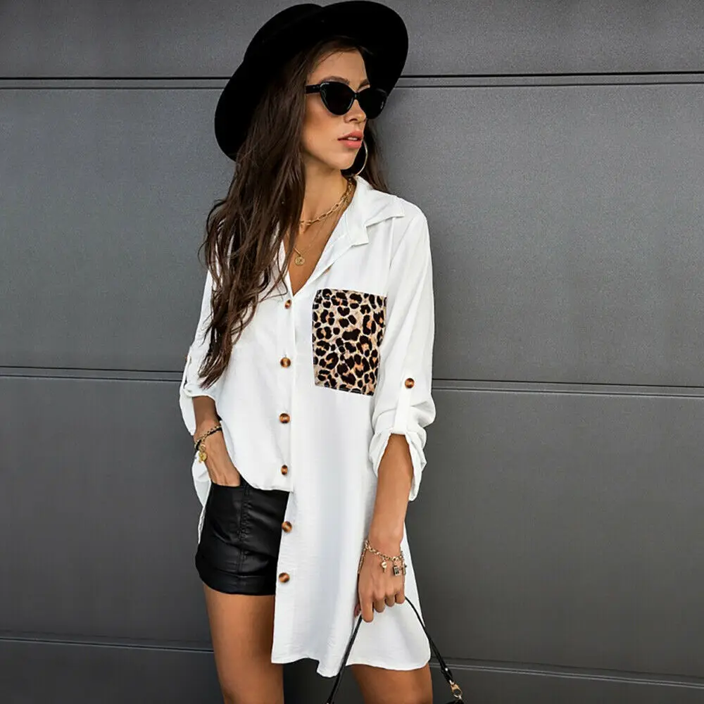 

Loose Casual Long Sleeve Leopard Patchwork Blouses And Tops Women 2023 Spring White Black Buttons Long Shirts Woman Top Shirt