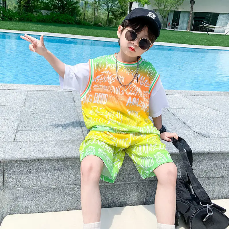 Children's Clothing Boys' Sports Short Sleeve Suit Summer Clothes Cool Handsome Medium and Large Children Basketball Wear