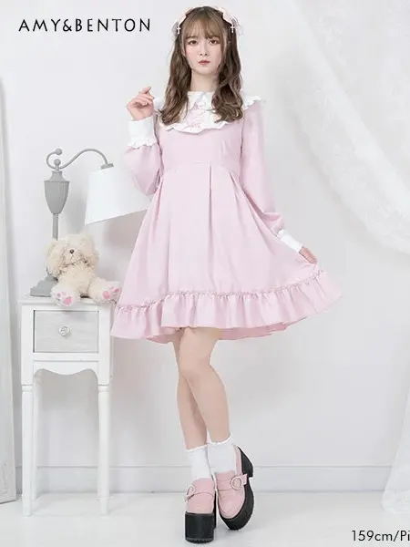 Spring Autumn New Peter Pan Collar Long Sleeve Dress Cute Japanese Style Short Dress Sweet Casual Dress for Women