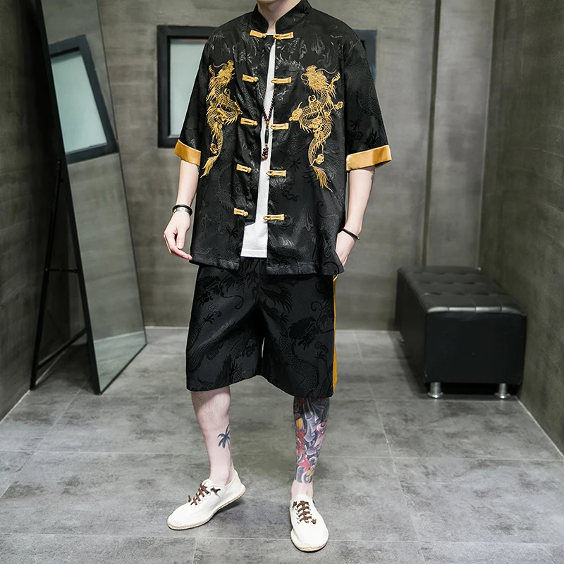Лето 2022 мужской комплект в китайском стиле мужская одежда Харадзюку шелковое