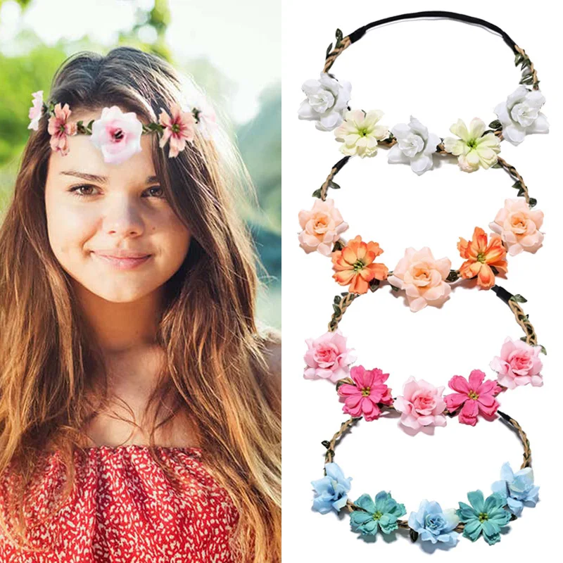 

New Fashion Flower Crown Bride Wedding Hair Accessories Gorgeous Flower Headbands Braided Hair Vine Hair Ornament For Women Girl