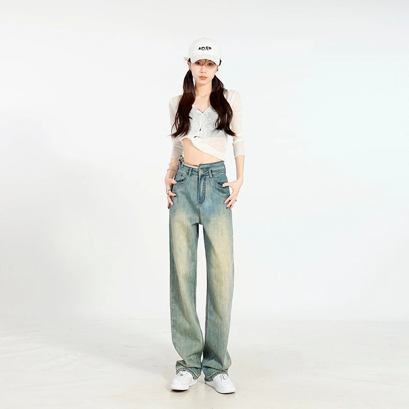 Real time photo of denim women's pants, autumn and winter high street 2023, retro blue waistband, wide legs, versatile high wais