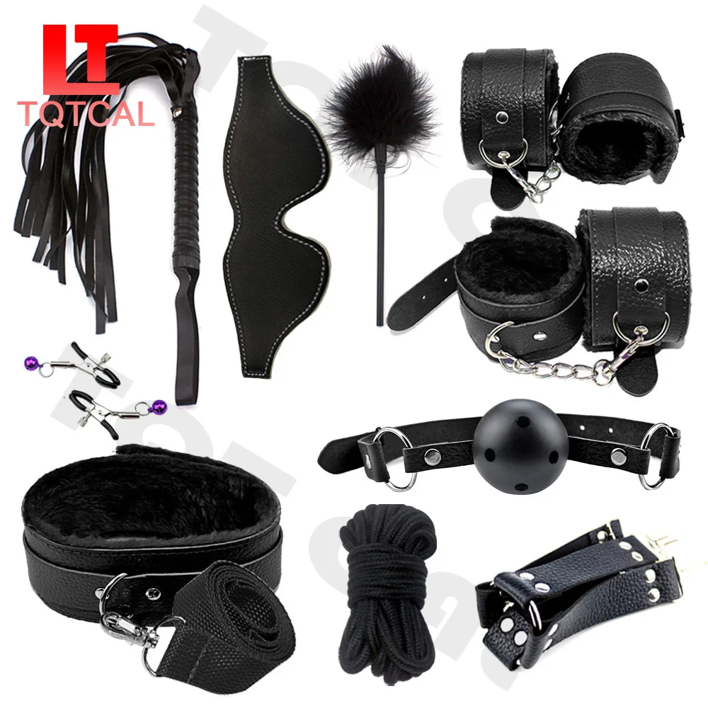 Кожаные наборы для БДСМ, плюшевый набор для связывания, наручники, кнут, кляп, маска для глаз, зажимы для сосков, флирт, игры для взрослых, искусственные пары