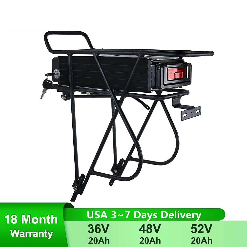 

36V48V 52V 20Ah eBike Battery With Rear Rack&Taillight for 1500W 1000W 750W 500W 250W Bafang BBSHD BBS02 Voilmart MXUS Motor