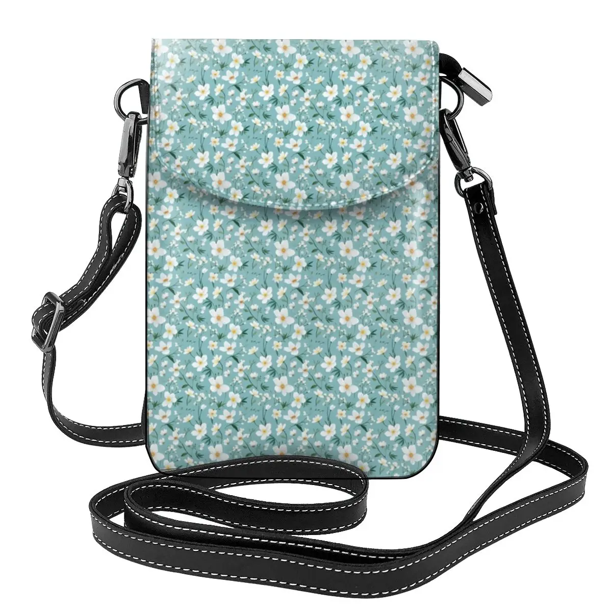 

Spring Flowers Shoulder Bag Blue Small Flower Leaf Green Travel Leather Women Bags Female Bulk Stylish Purse Christmas Gift