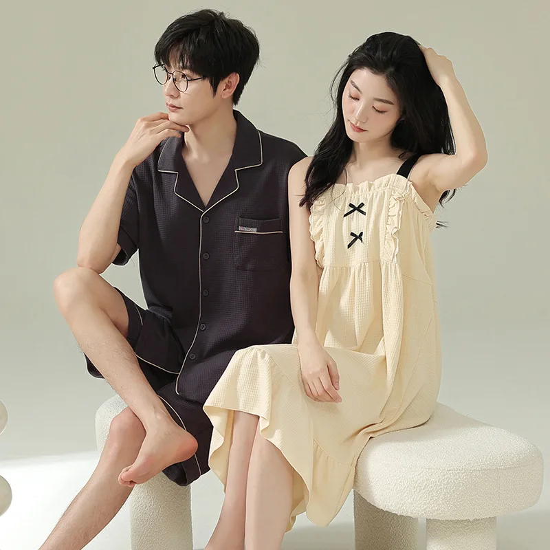 Summer Couple Pajamas Simple Casual Pure Cotton Walf Checks Short Sleeves Skirt Homewear Suit Outerwear Popular Style |