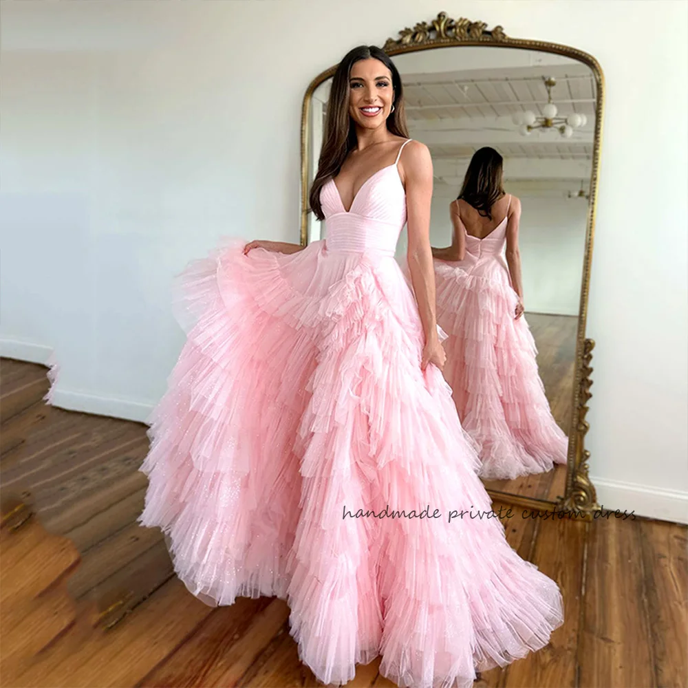 

Pink Tiered Tulle A Line Evening Party Dresses Sexy V Neck Celebrate Event Dress Long Princess Wedding Party Gowns with Train
