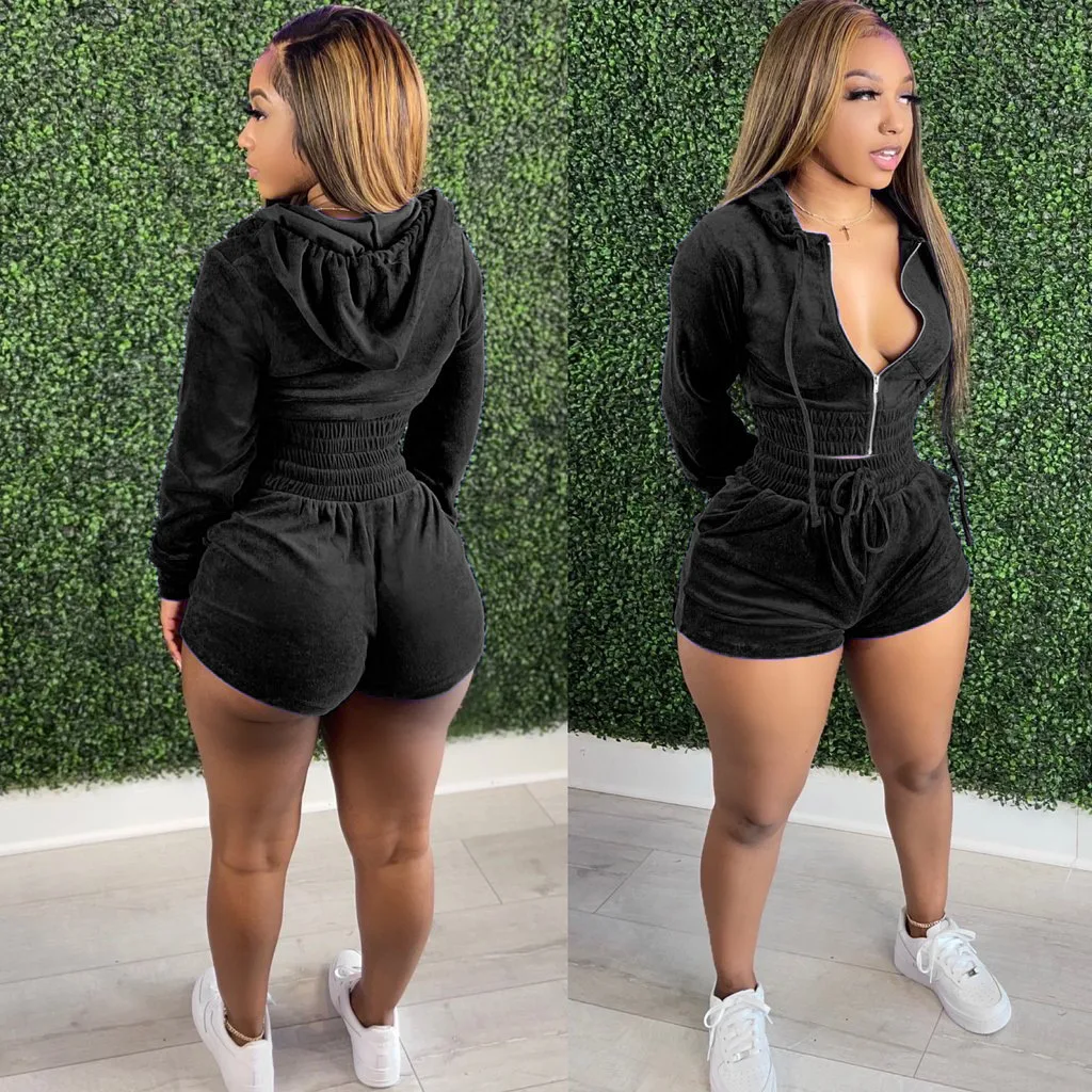 

Velvet Two Piece Set Autumn Short Zipper Sweatshirts Shorts Pants Suit Tracksuit Fitness Sexy Club Women's Set Outfits