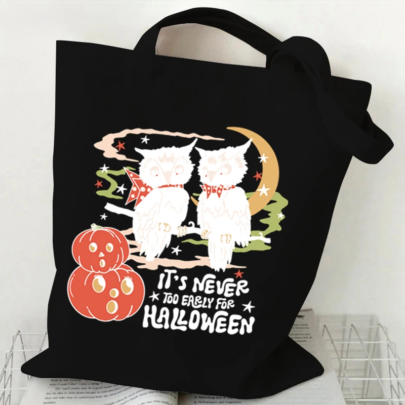 Vintage Halloween torebki damskie moda czarna torba na ramię z kotem unisex płótno upiorny sezon zakupy kreskówka kotek materiałowa