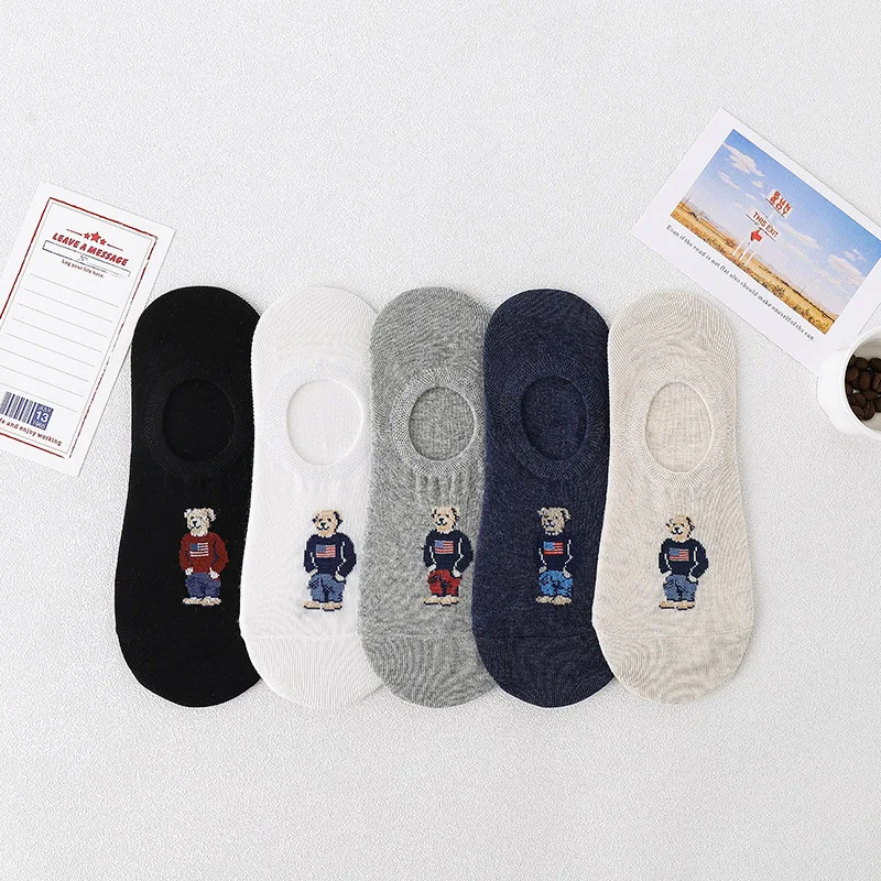 5pair/lot Fashion Men's Boat Socks Cartoon Bear Summer Autumn Non-slip Invisible Silicone Cotton Ankle Slippers Socks Retro