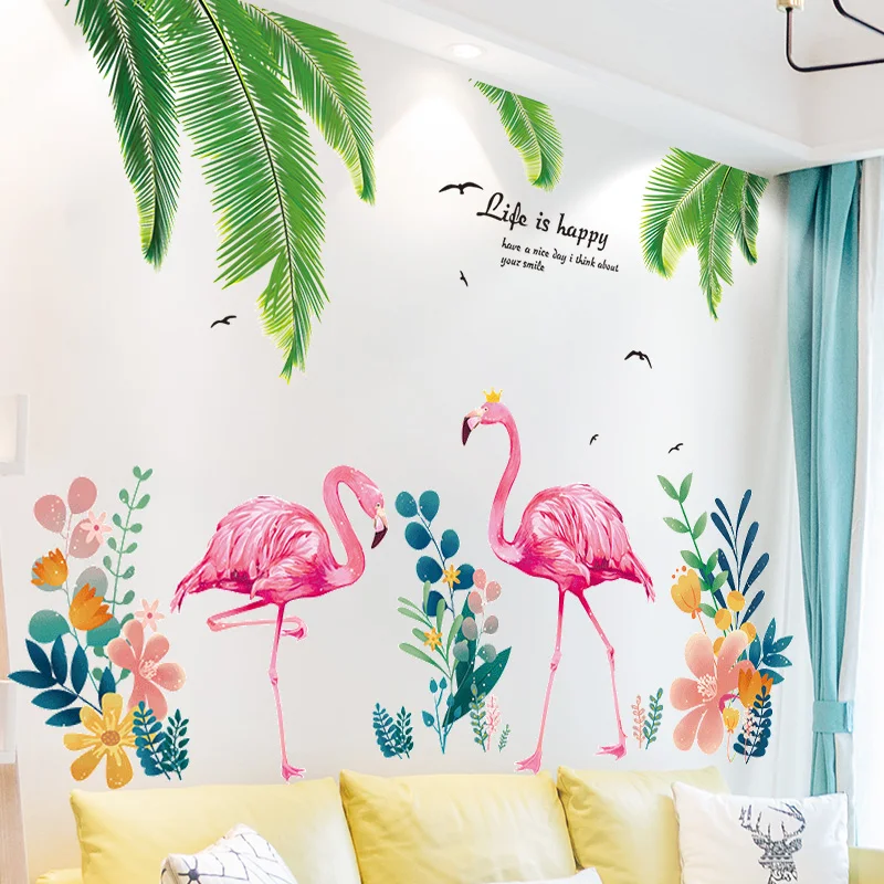 

Palm Tree Leaves Wall Stickers DIY Flamingo Animal Mural Decals for Living Room Baby Bedroom Nursery Kitchen Home Decoration