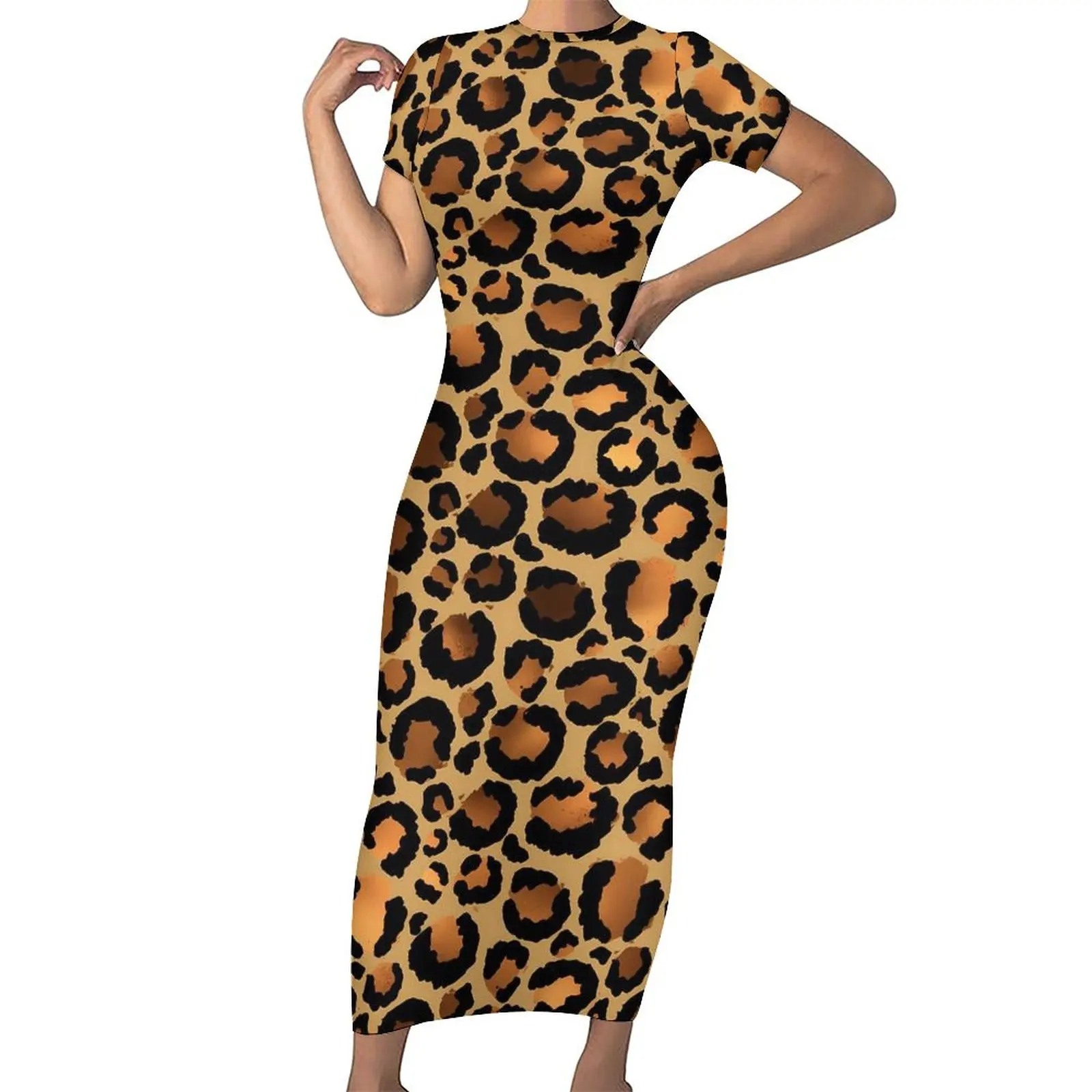 

Brown Leopard Spots Dress Woman Wild Animal Print Streetwear Bodycon Dress Short Sleeve Retro Maxi Dresses Oversize Clothes