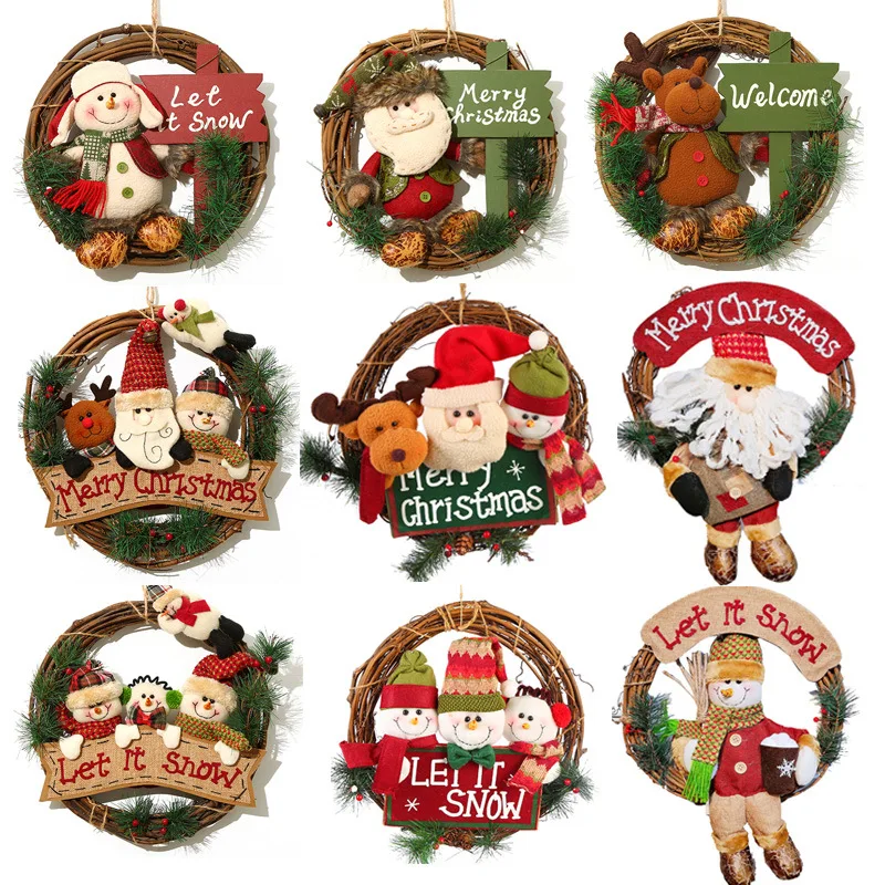 

Wooden Merry Christmas Garland Wreath Decor Wall Hanging Door Santa Claus Elk Snowman Ornaments Xmas Pendant Rattan Home 2022