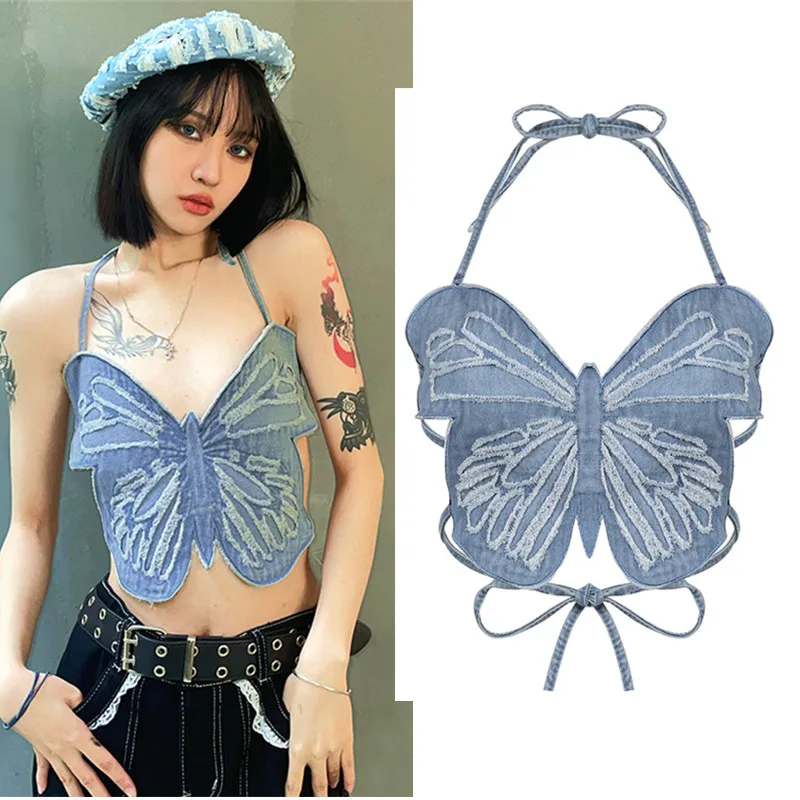 

Designer Women's Crop Tops Female Sexy Denim Bohemian Camis Blousas Shirt Party Butterfly Lace Up Summer Sleeveless Tops NS773