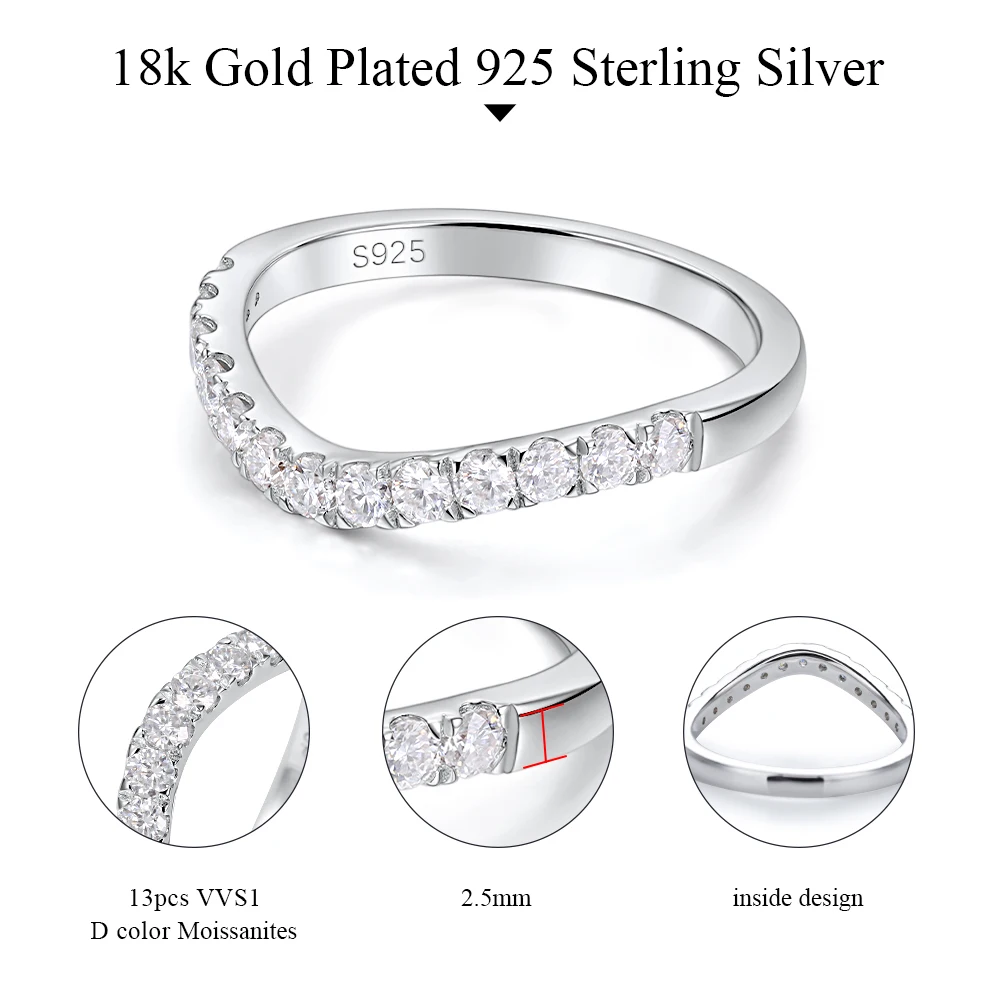 Фото M-JAJA Moissanite Ring Curved Wedding Band 925 Sterling Silver Engagement Rings D VVS1 0.39ct Lab Diamond Jewelry for Women Gift №5