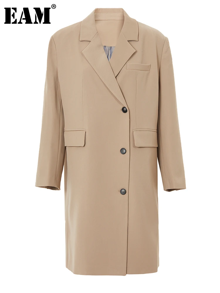 

[EAM] Женский Асимметричный Длинный блейзер цвета хаки, большой размер, новинка, с отворотом, длинный рукав, свободный крой, куртка, модная, весна-осень 2023, MZY81505