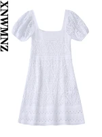 xnwmnz 2022 summer women fashion fitted knit crochet mini dress vintage square collar short sleeve female dresses mujer