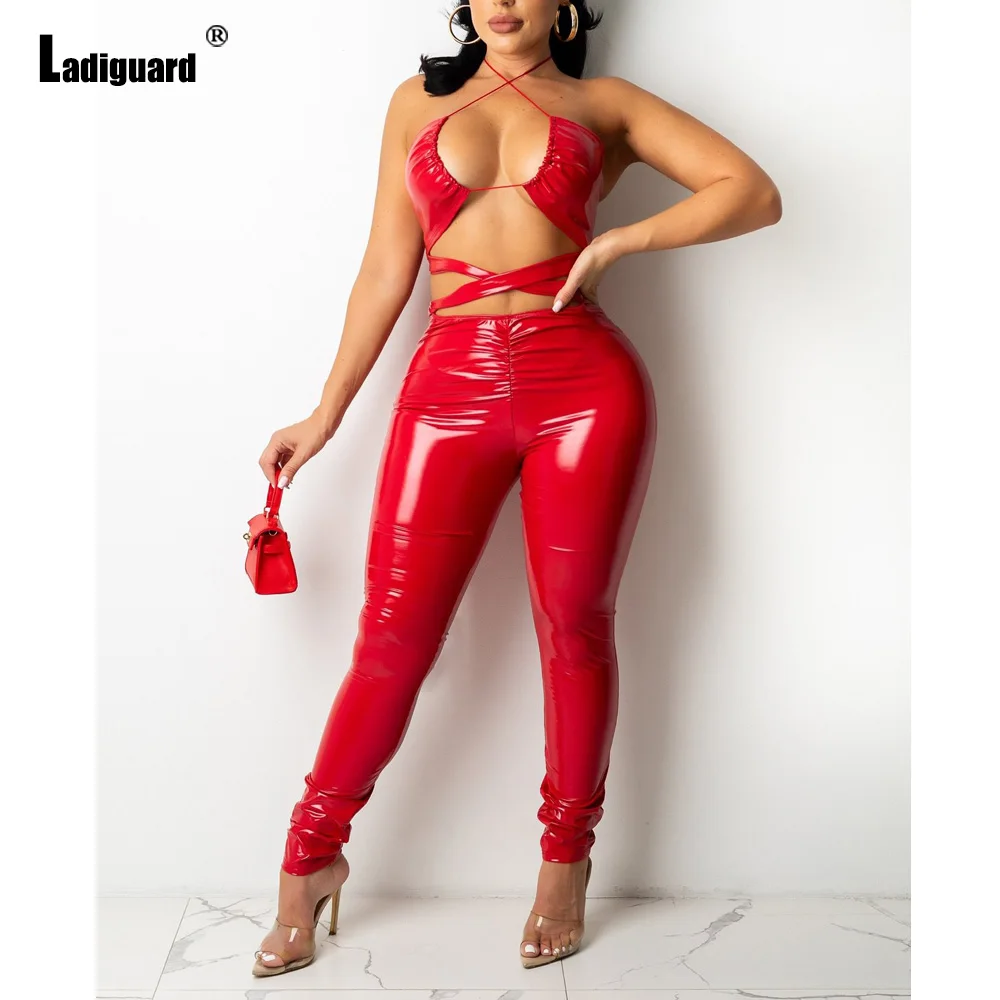 Ladiguard 2022 Sexy Halter Pu Leather Jumpsuits High Cut Women Fashion Hollow Out Bodysuits Red Black Slim Faux Leather Overalls