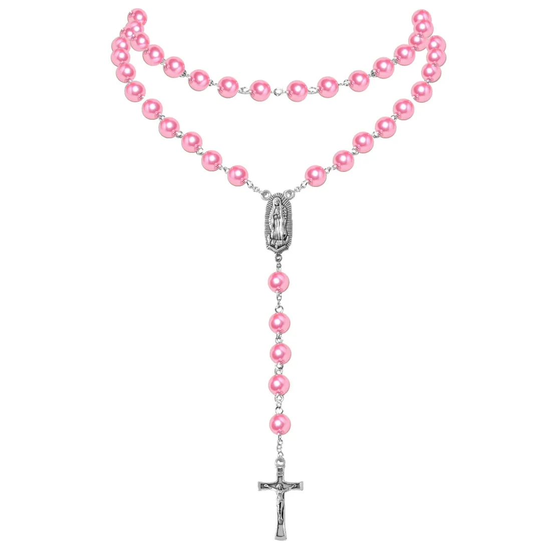 

Catholic Pink Purple White Blue Pearl Necklaces Pearl Beads Rosary Necklace with Virgin Mary Medal & Cross Fashion Jewelry