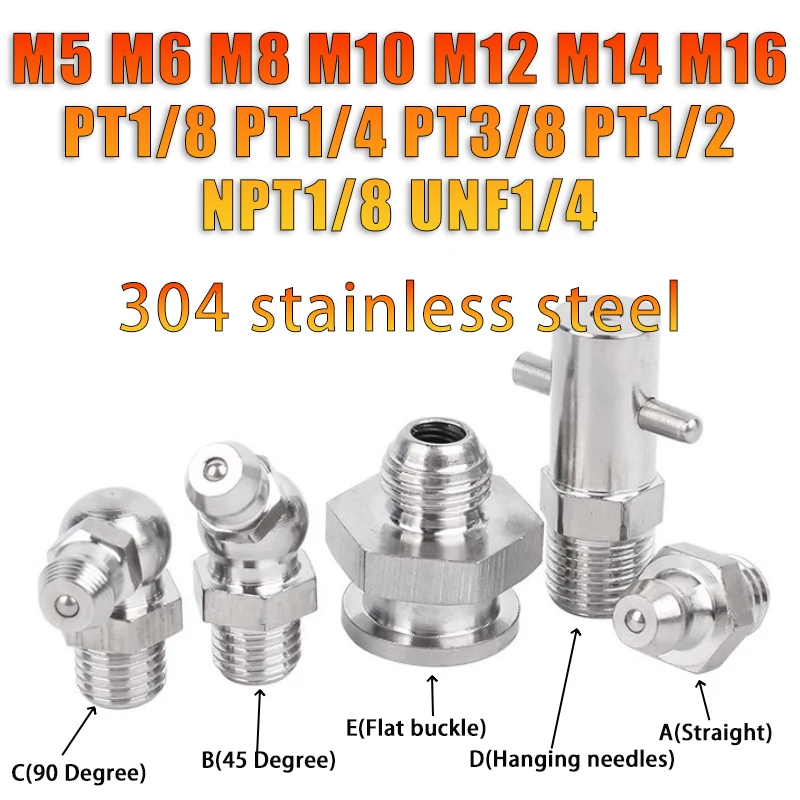 1-5 шт., смазочные ниппели из нержавеющей стали 304, метрические UNF NPT PT, наружная резьба, прямой коленчатый тип, масляный фитинг Zerk для смазочного пистолета