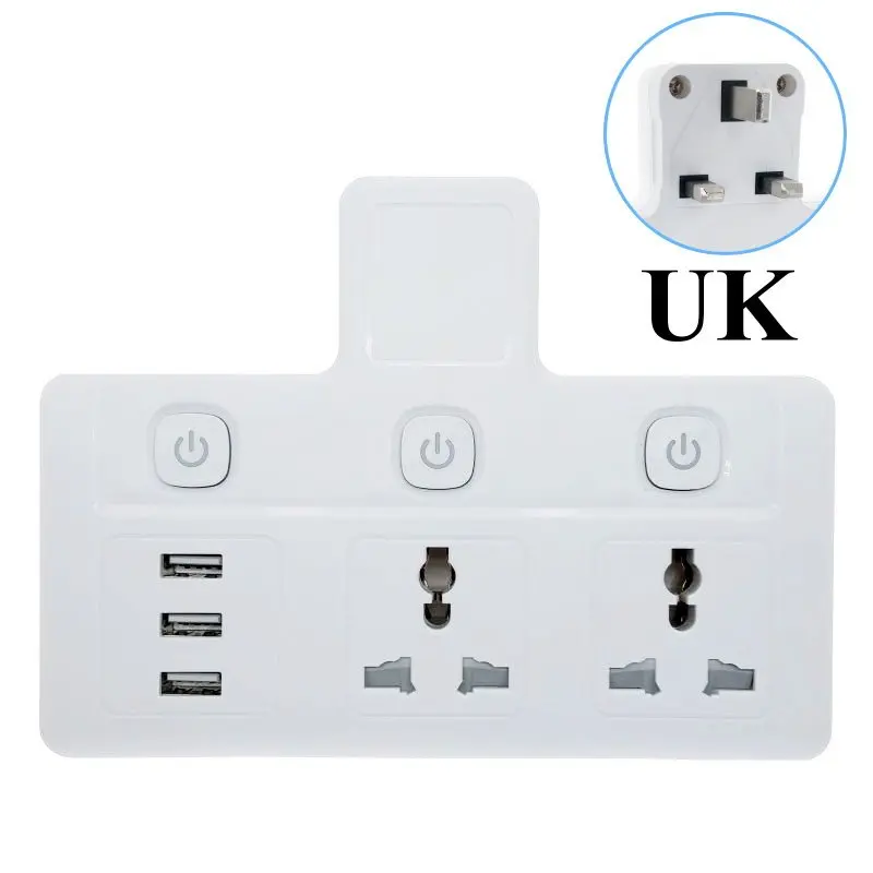 

UK Plug Splitter 2-Way Universal Outlet With 3-USB Chargers Independent Main Switch AC250V 10A