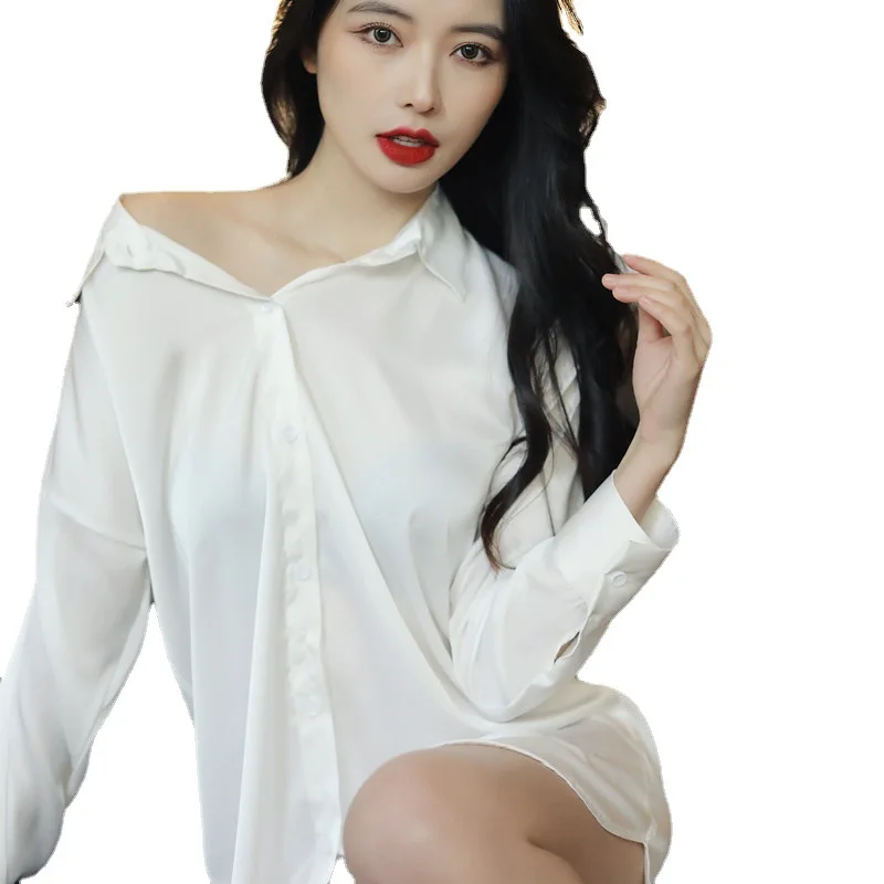 Women's Pajamas Summer Sexy Lure Hot Cardigan Shirt Nightdress Ice Silk White Long Sleeve Sleepwear Thin  Nightgowns for Women