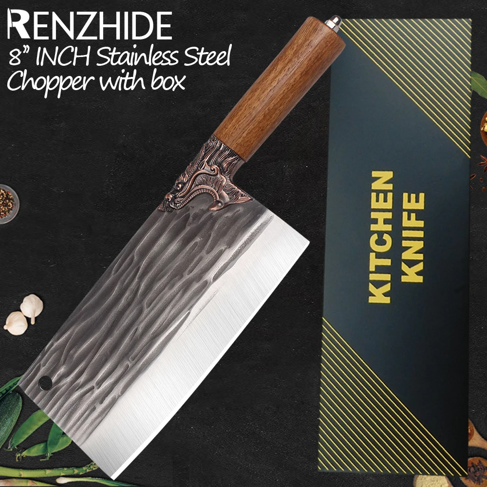 RZD Chopping Cleaver Knife Forged Steel 4cr13 Wood Handle Gift Box Kitchen Chef Cooking Slicing Bone Cutter Utility Butcher Tool