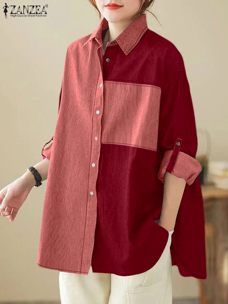 ZANZEA 2024 топы с цветными блоками осенние женские рубашки повседневная свободная