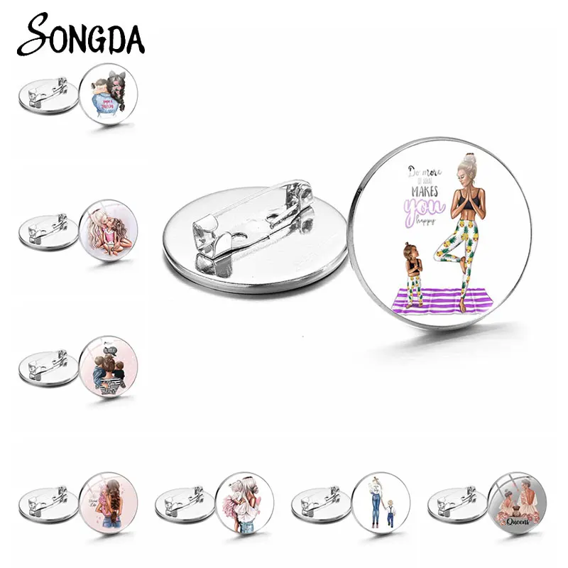 

Family Super Mom Pin Brooch Baby Boys Girls Love Mama Lapel Pins Glass Cabochon Badge Brooches Cloth Jewelry Mother's Day Gift
