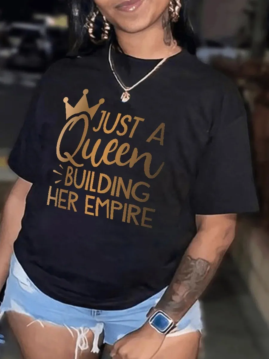 

LW Fashion Women's T-shirt BASICS Queen Crown Letter Print T-shirt O-Neck Short Sleeve Tees Regular Street Black Women Top