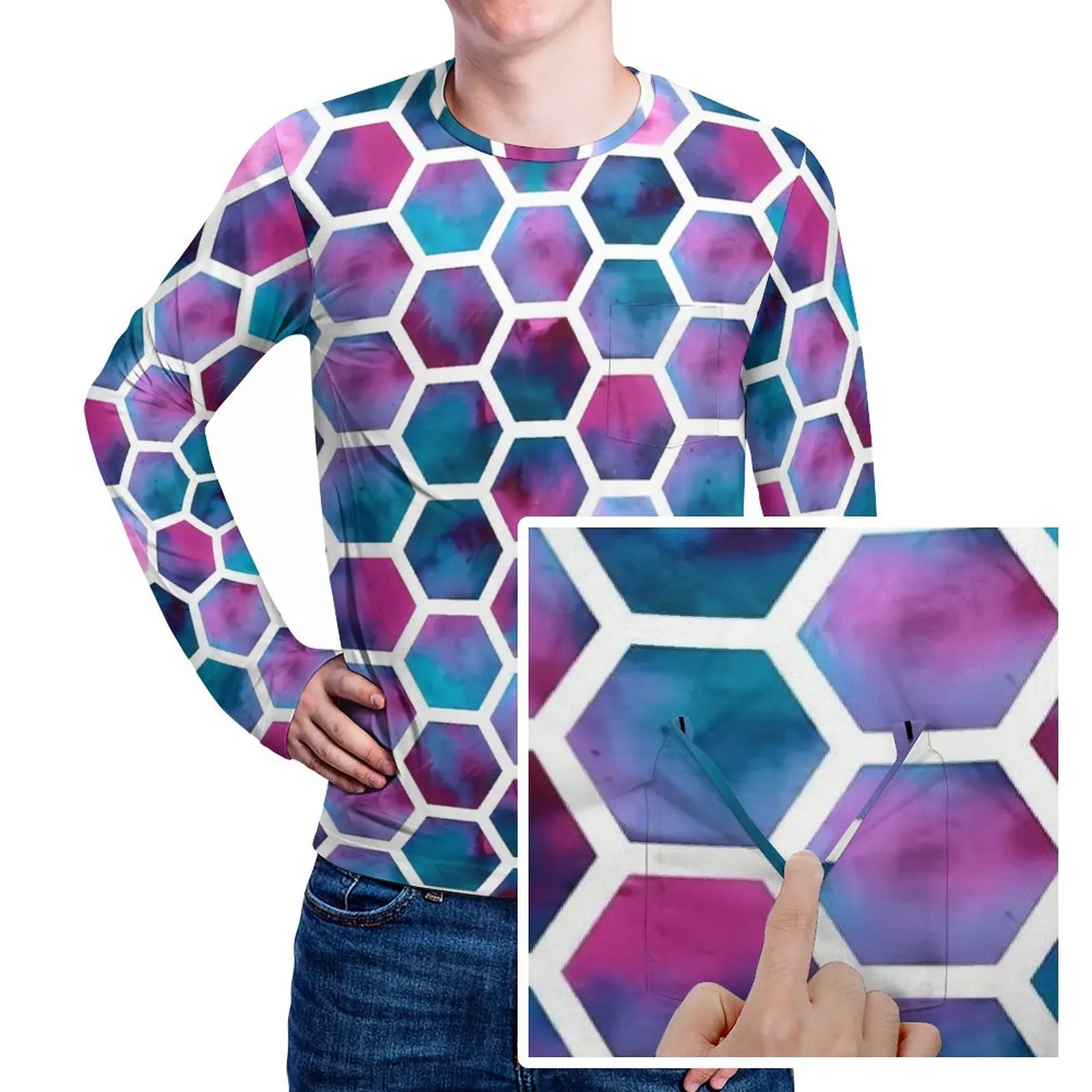 

Watercolor Hives T-Shirt With Pocket Honeycombs Print Fashion T Shirts Streetwear Tee Shirt Long Sleeve Graphic Tees Big Size