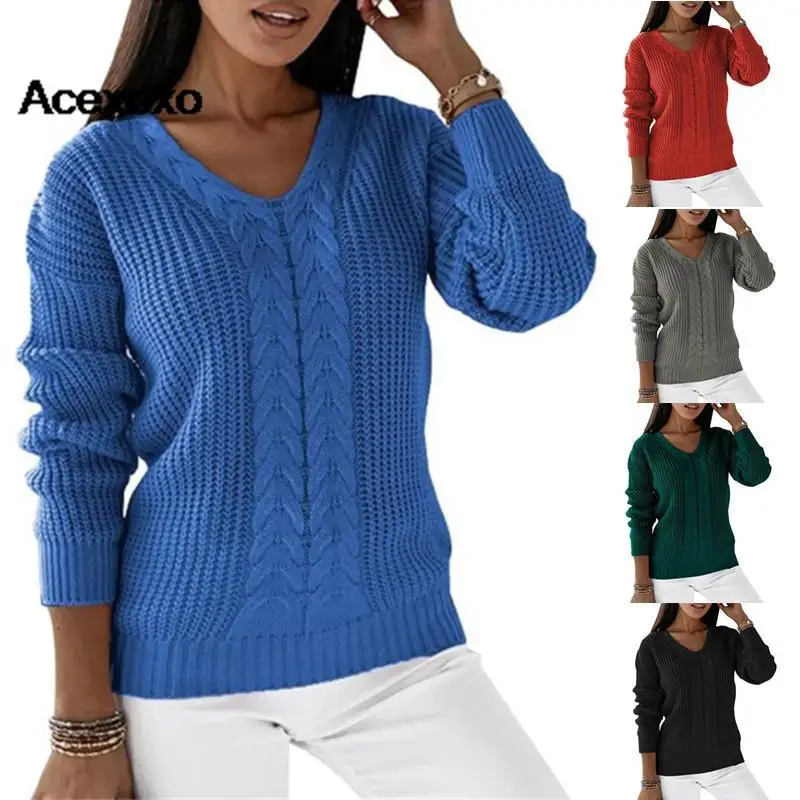 

Europe and the United States new women's long sleeve V-neck solid color twist casual knitted jumper