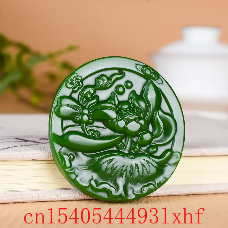 

Natural Hetian Green Jade Lotus Pendant Necklace Fashion Fine Jewelry Jasper Carved Charm Accessories Amulet Gifts for Women Men