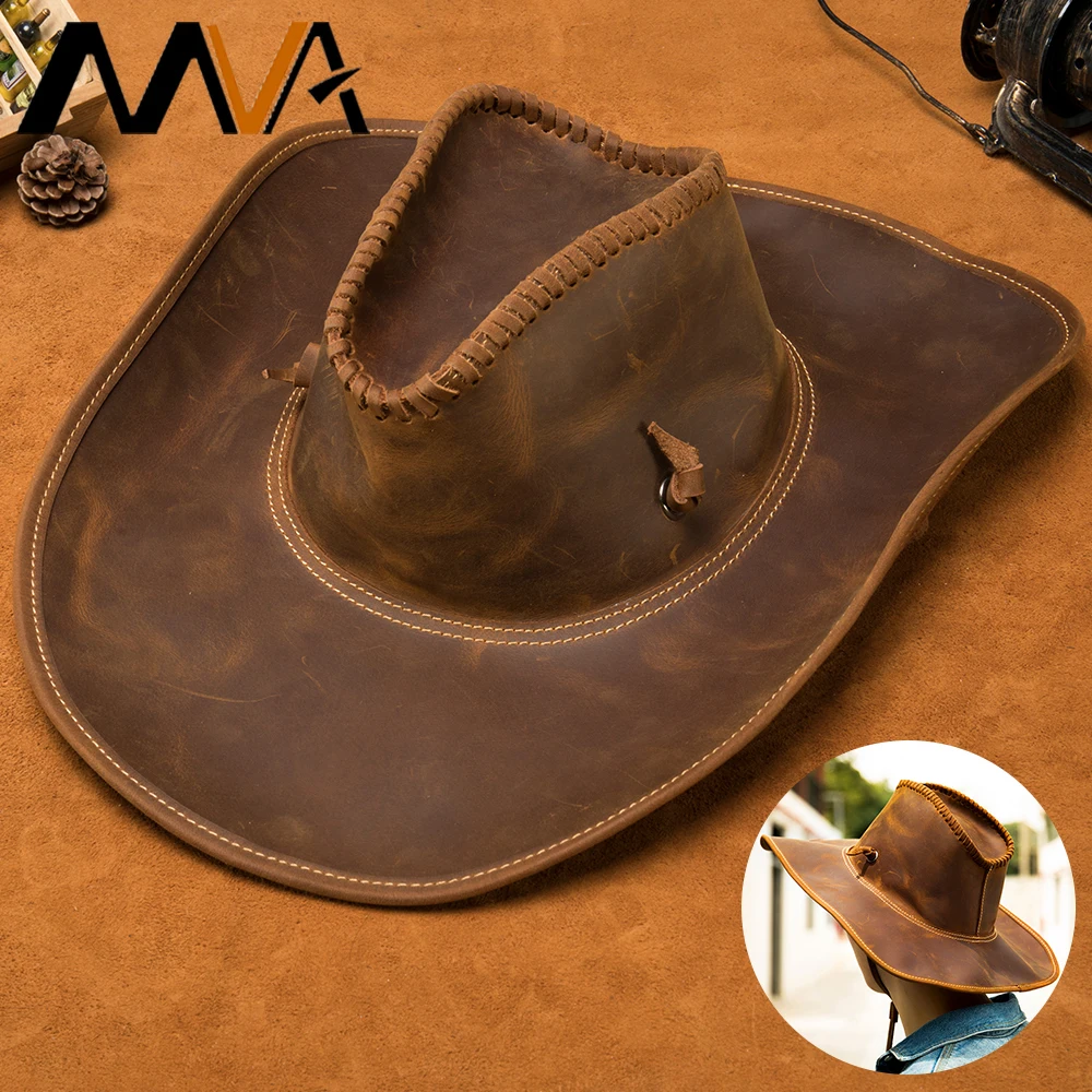 MVA Vintage Australian Style Crazy Horse Genuine Leather Hat Wide Brim Western Cowboy Hats Men Sun Visor Cap Women Travel   3011
