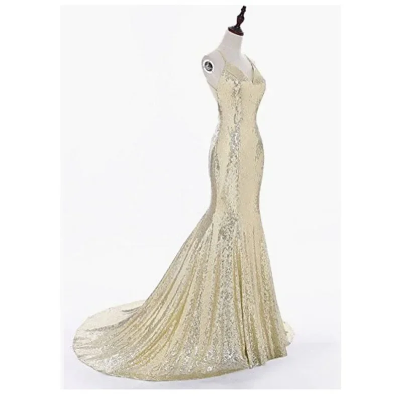 Женское вечернее платье-русалка синее платье с блестками V-образным вырезом