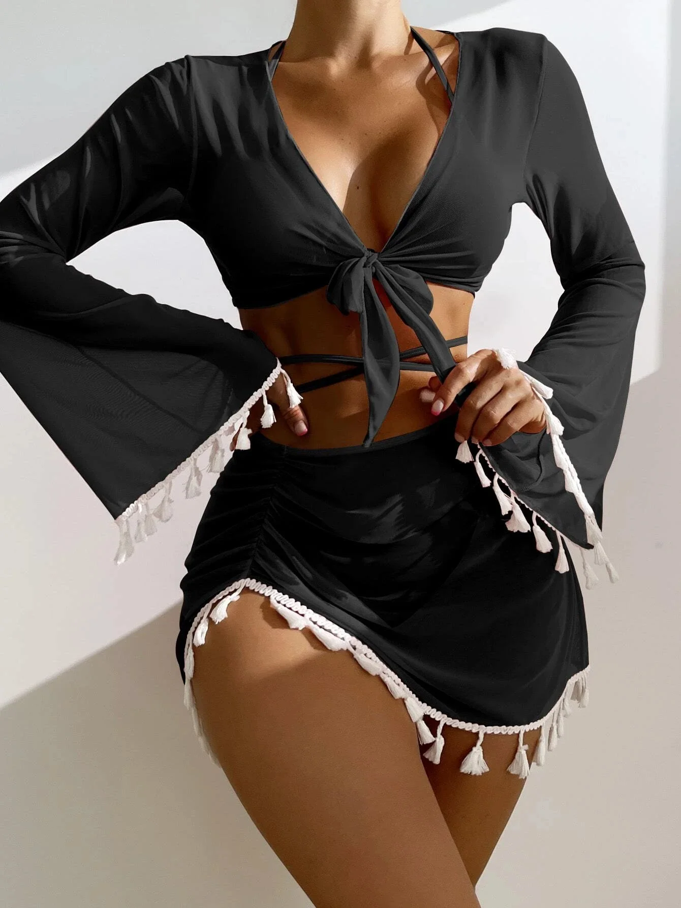 4pack Lace Up Halter Thong Bikini  Swimsuit Cover Up Top with Skirt Set Women Swimwear 2022 Summer Beach Bathing Suit