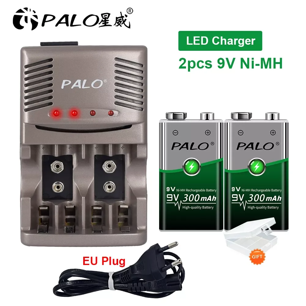 

NEW2023 PALO 9V 6F22 Ni-MH 9v Rechargeable Battery+Smart battery charger for 1.2V AA AAA nimh nicd battery for 9V rechargeable b