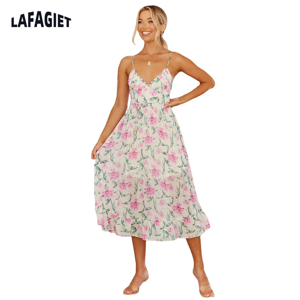 

Women Sling Sexy Dress Summer Floral V Neck Loose Ladies Long Dress Party Outfits Vintage Floral Dress Formal Wear For Women