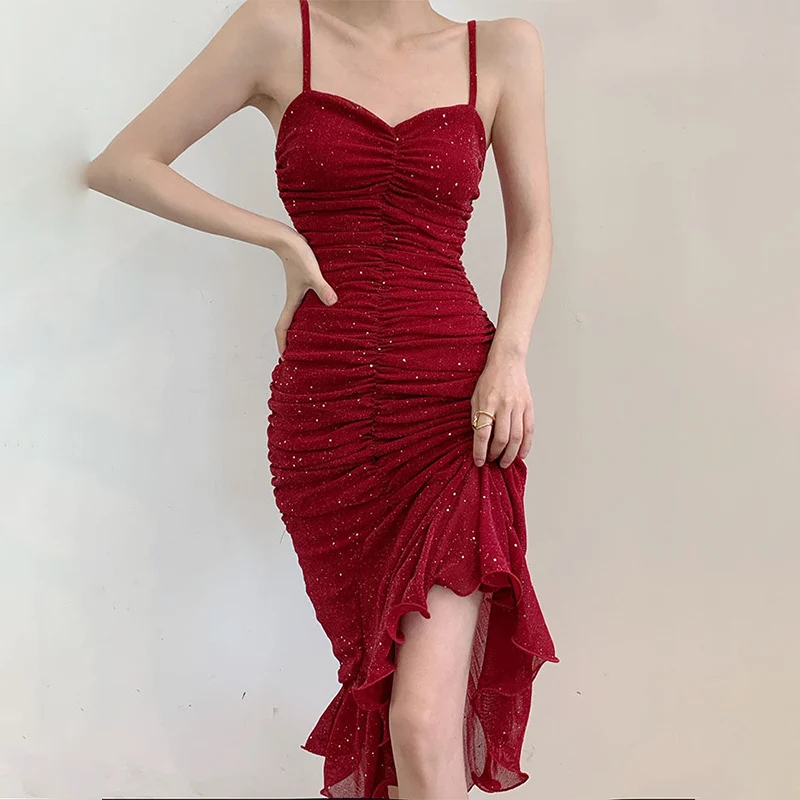

Elegant Folds Big Fishtail Shiny Dress Women Vintage Suspenders Bodycon Red Party Evening Prom Dresses Vestidos De Fiesta 2022