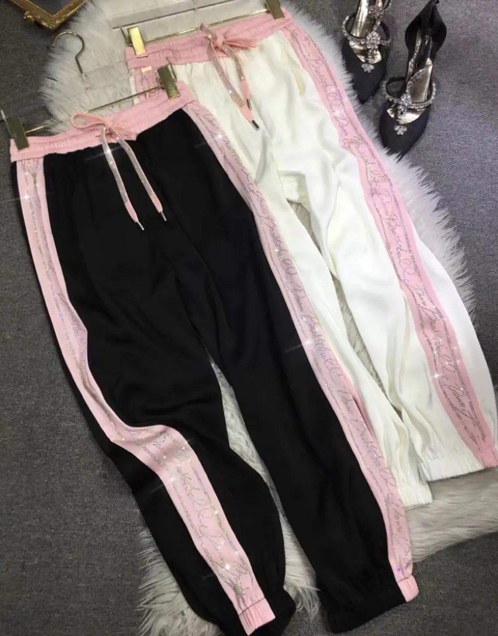 High-end Rhinestone Diamonds Shiny Black Casual Pants Women's 2023 Summer Trousers Loose Slimming Elastic Waist Satin Sweatpants