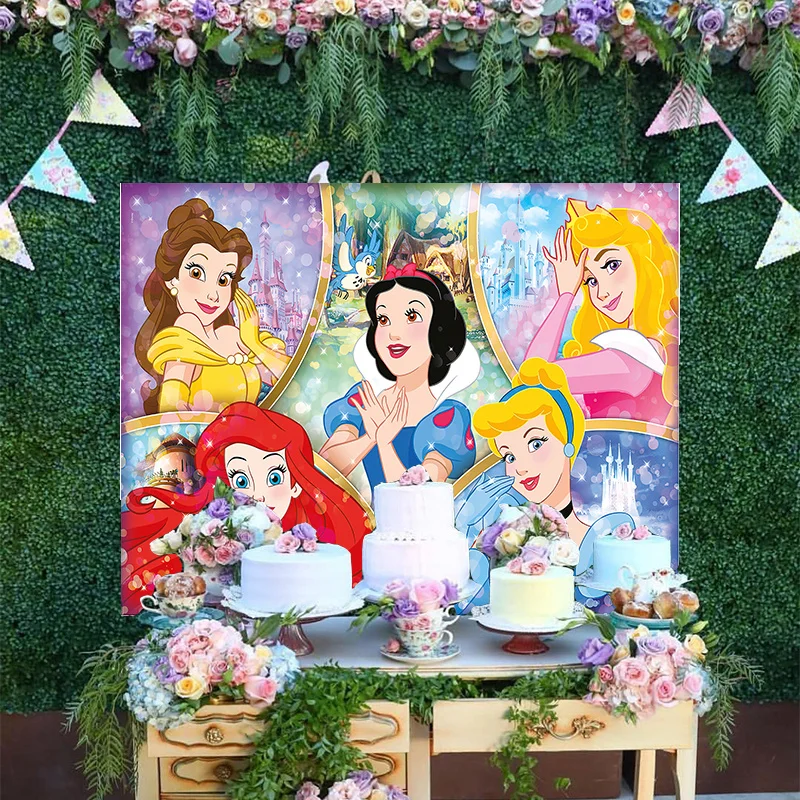 

Cartoon Princess Beauty And The Beast Belle Cinderella Snow White Tangled Rapunzel Disney Backdrop Birthday Party Background