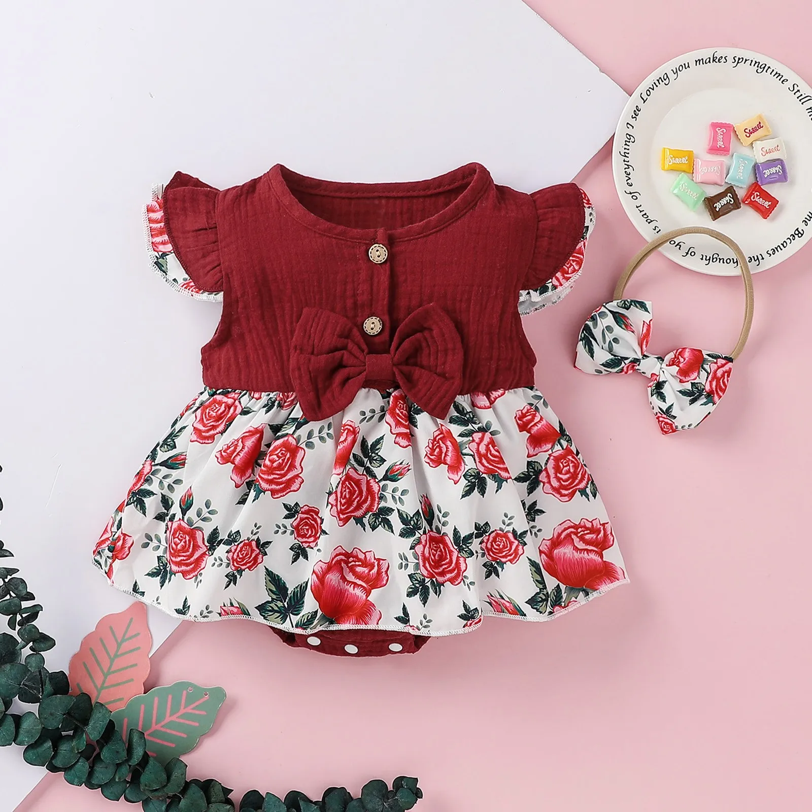 

Newborn Infant Baby Bodysuit Cotton Linen Floral Printed Baby Girl Summer Clothes Bowknot Button Baby Girl Romper Dress