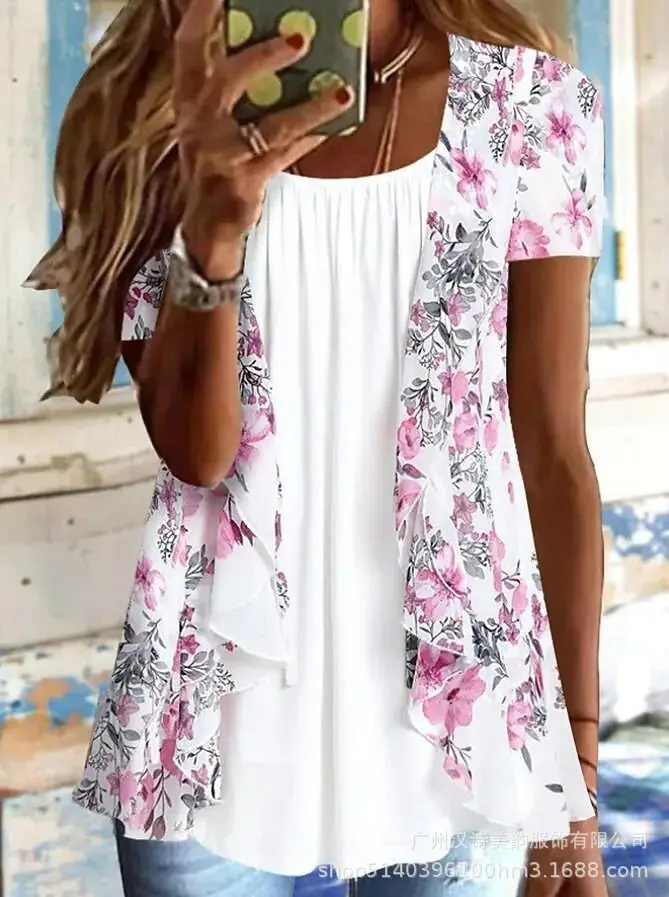 

2023 Summer Slim Fit Lace Neck Short Sleeve Shirt Fashion Printed T-shirt Top Boho Oversized T-shirt Blouse Streetwear Clothes