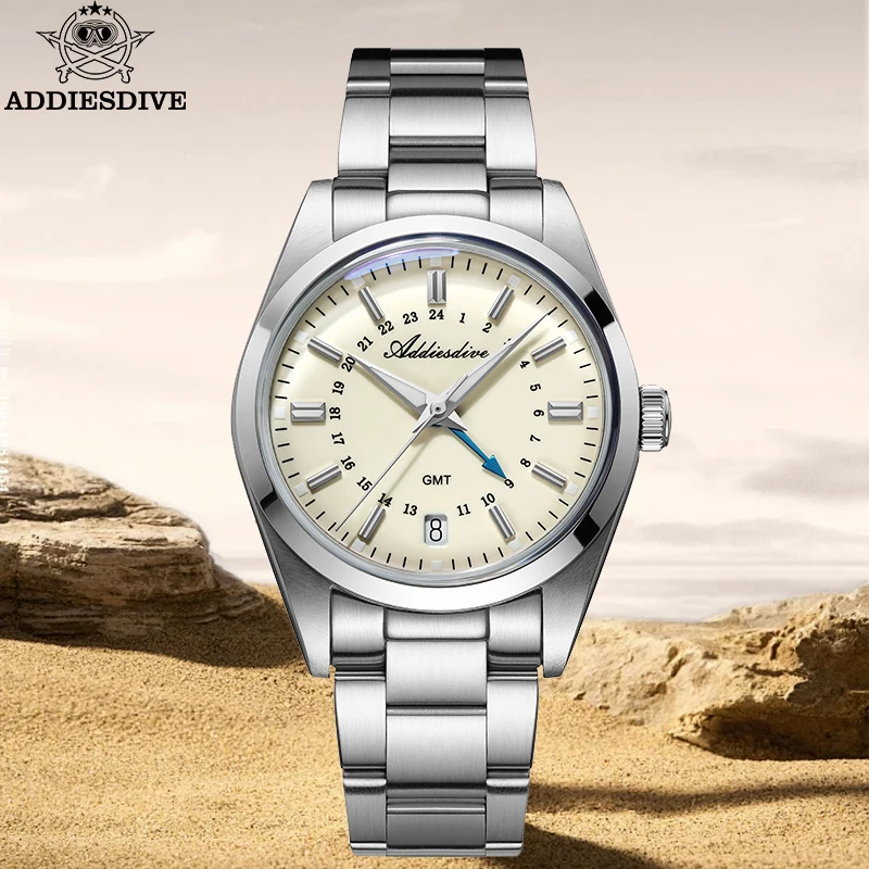 Фото Часы ADDIESDIVE 36 мм GMT с кварцевым механизмом, стеклянным куполом и водонепроницаемым корпусом, мужские часы из нержавеющей стали, простые дайверские часы для мужчин №3